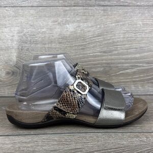 Vionic 341Camila Women’s Sz 8 Metallic Pewter Leather Snake-Print Slide Sandals
